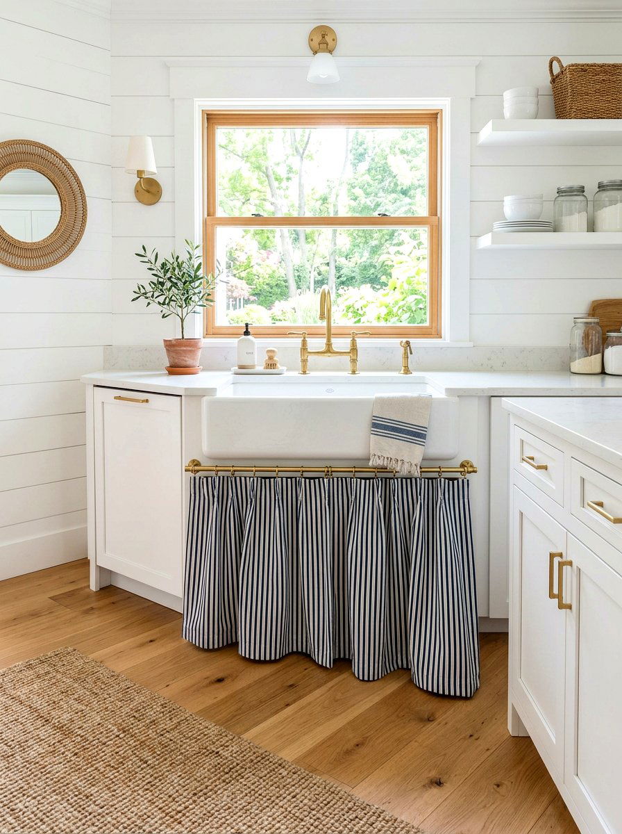 Ticking stripe sink skirt - 30 skirted sink ideas