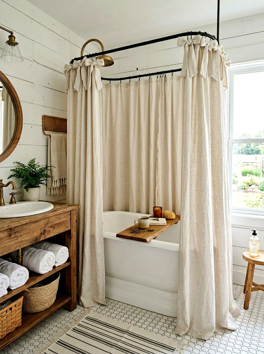 Tie Top Linen Shower Curtain - 30 linen shower curtain ideas