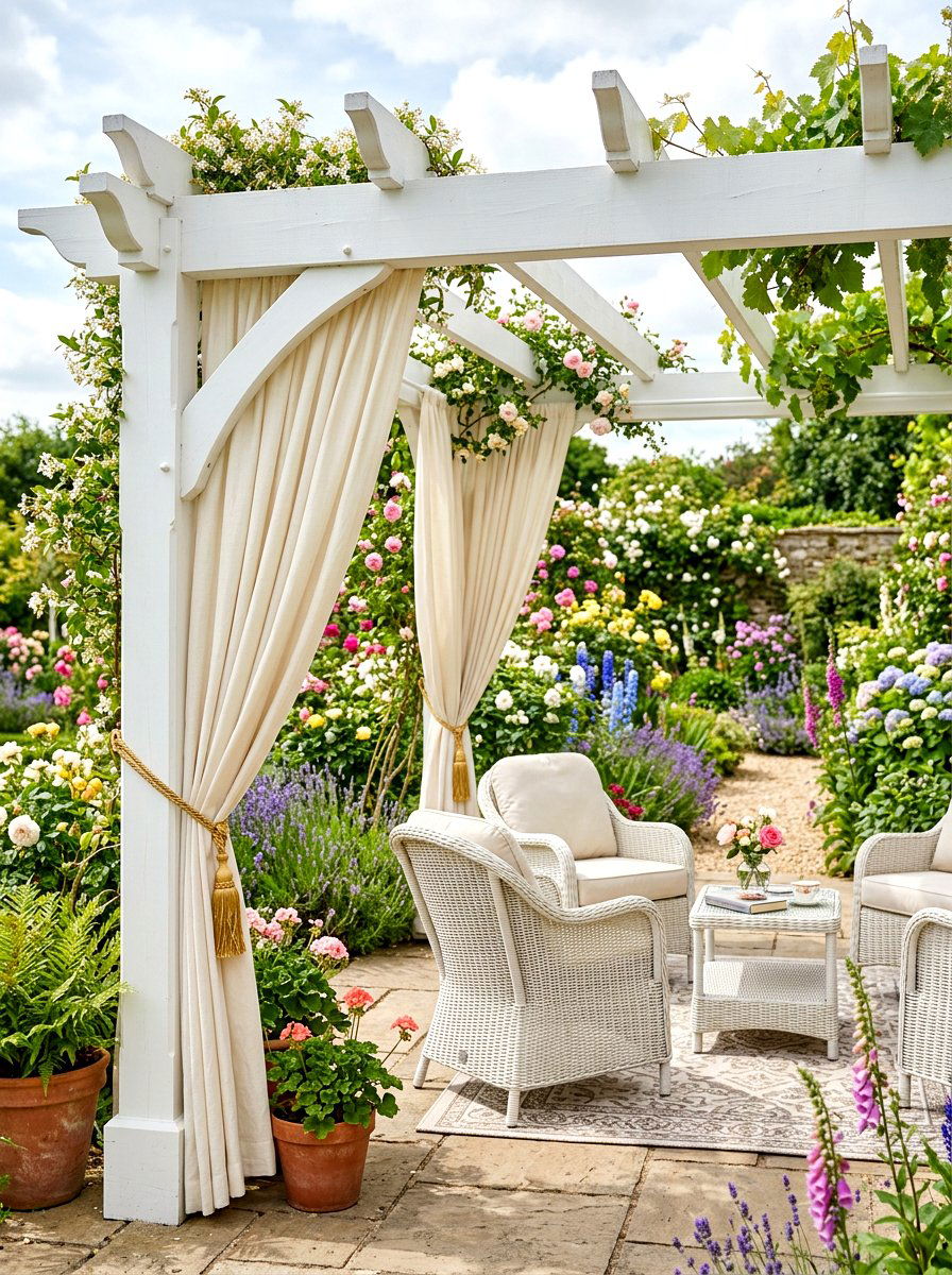 Tie back elegant pergola drapery - 30 pergola privacy curtain ideas