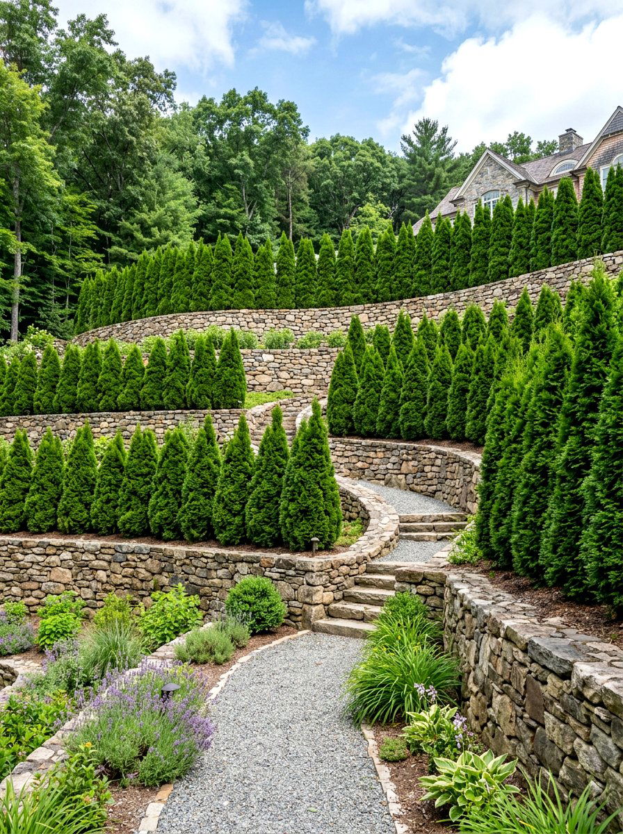 Tiered Arborvitae Garden - 30 arborvitae privacy ideas