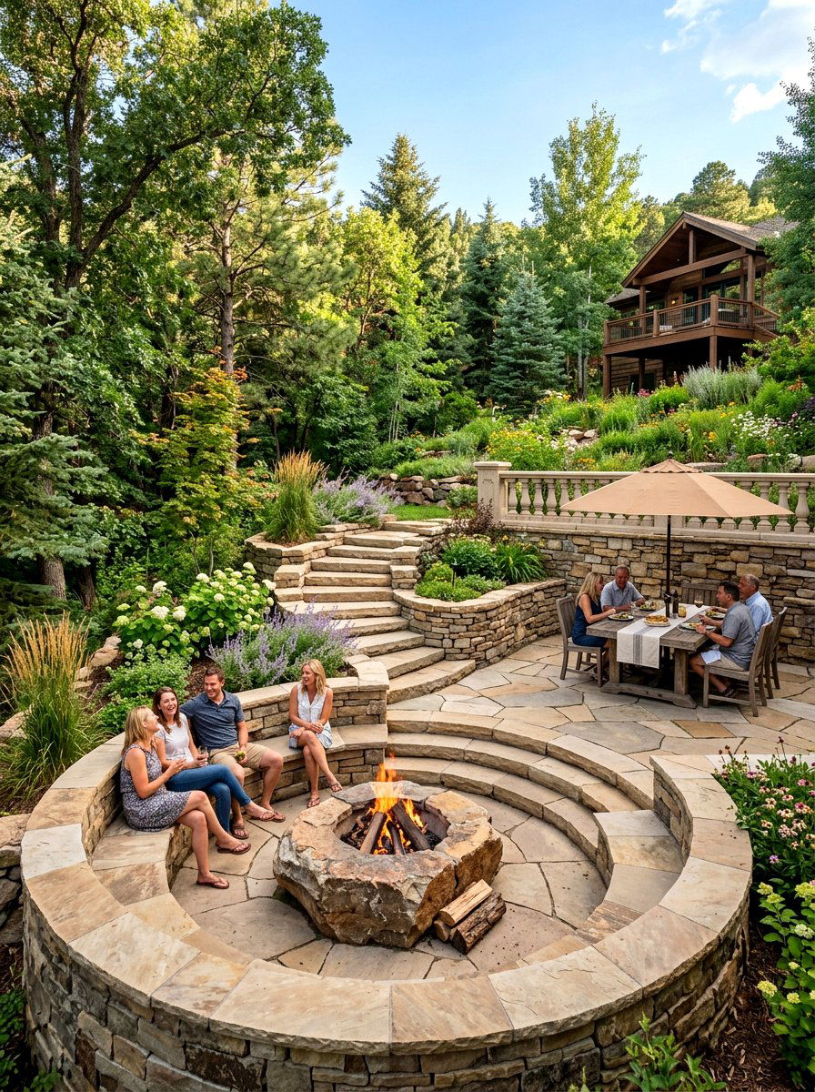 Tiered Backyard Fire Pit - 30 fire lounge backyard ideas
