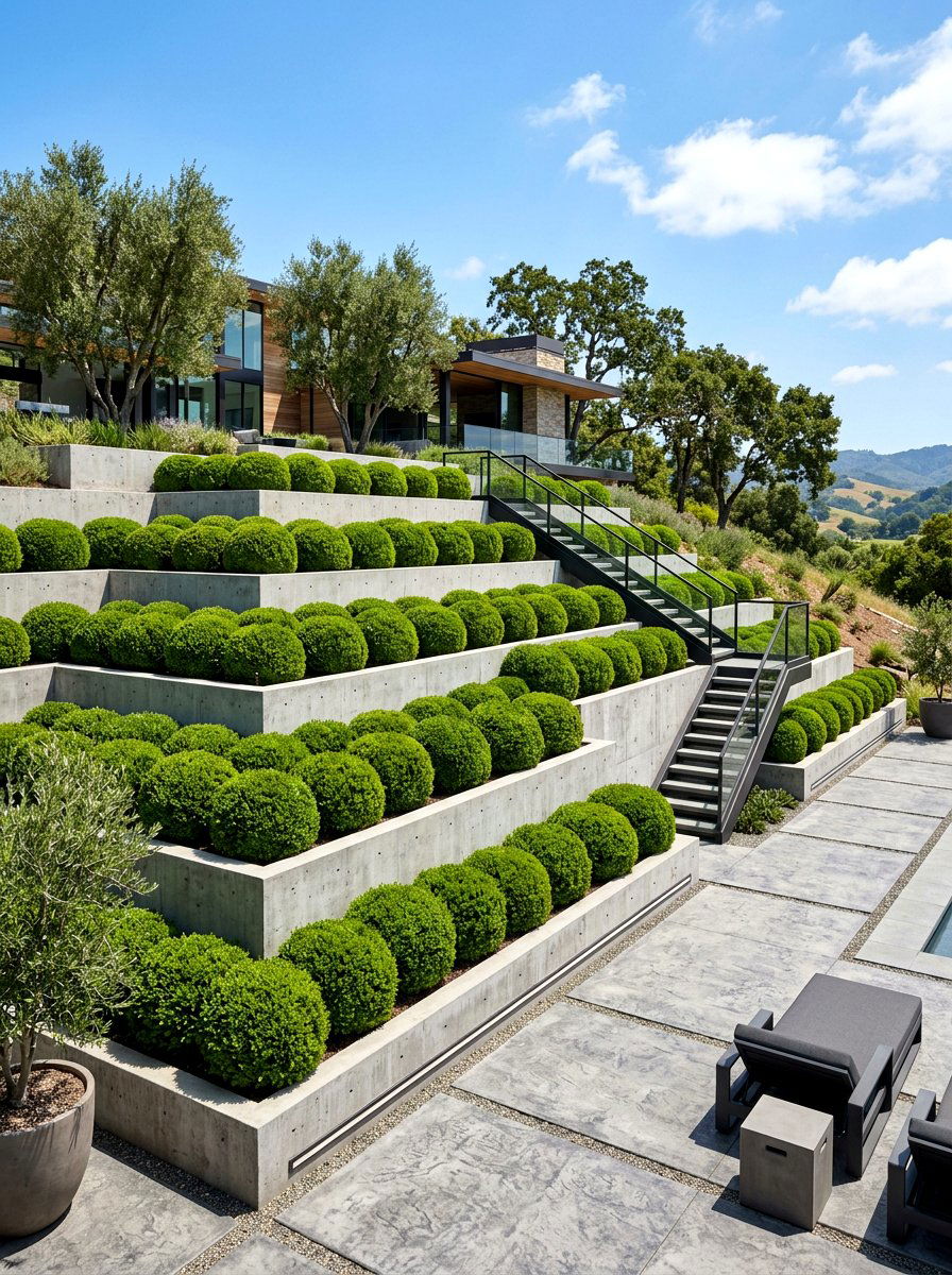 Tiered Boxwood Planters - 30 hedge wall patio ideas