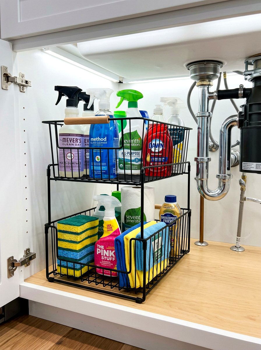 Tiered Cleaning Supply Basket - 30 organizing cleaning supplies ideas