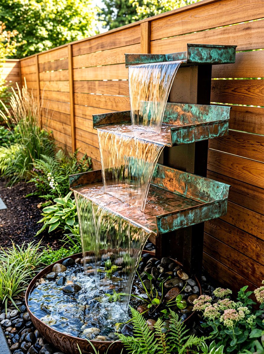 Tiered Copper Waterfall - 30 water feature landscaping ideas