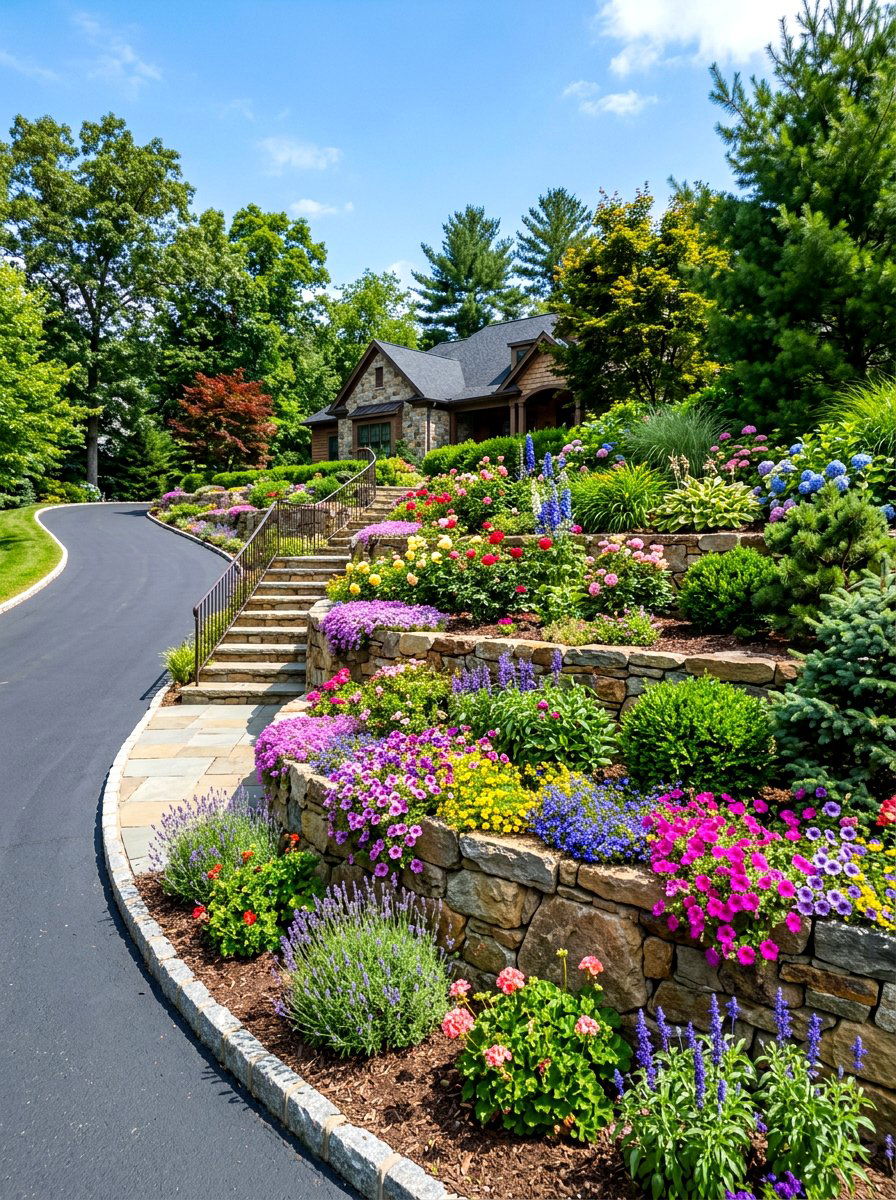 Tiered Driveway Garden - 30 driveway landscaping ideas