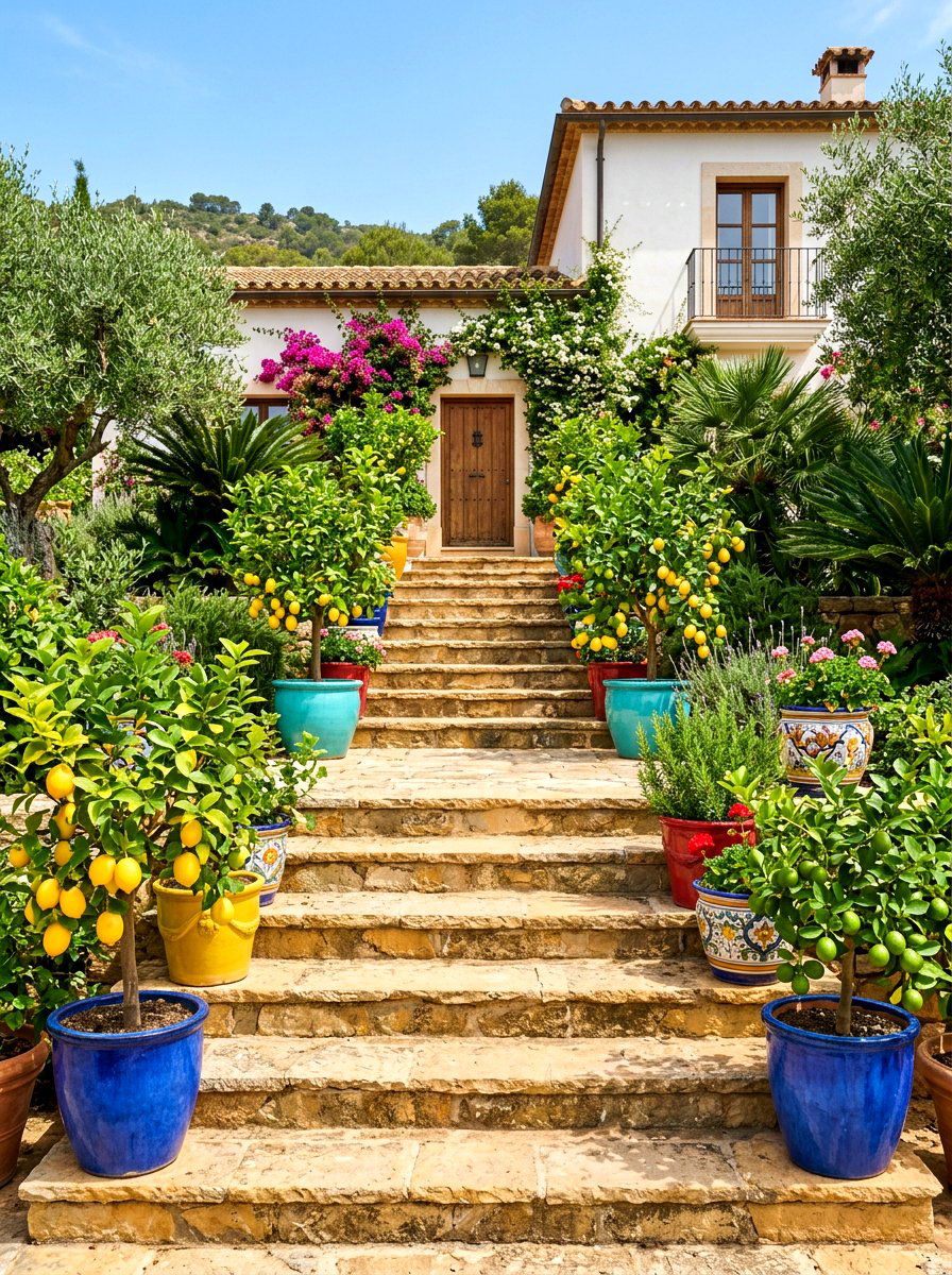 Tiered Entryway With Multiple Citrus - 30 potted citrus front entry ideas