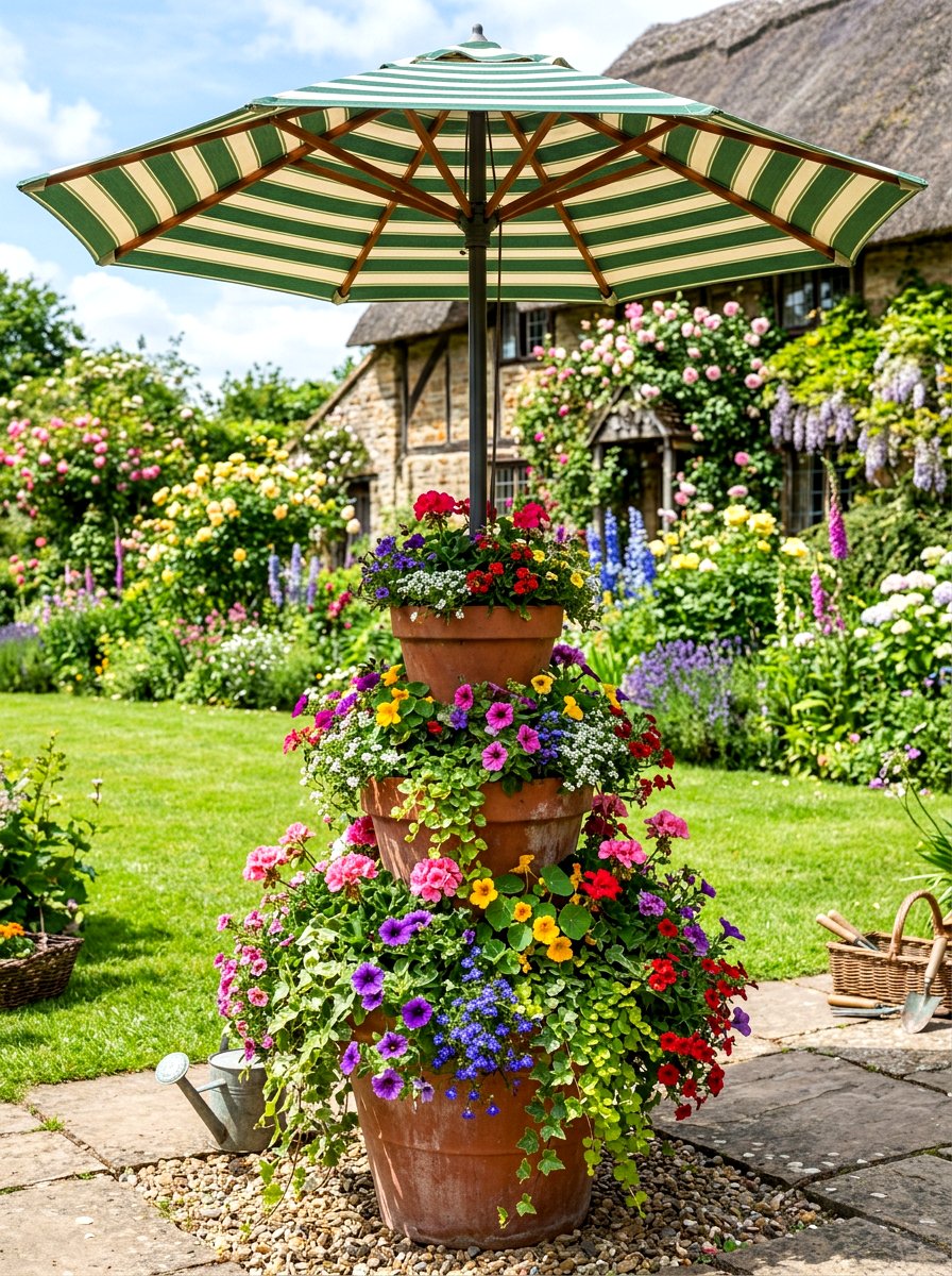 Tiered Flower Pot - 30 patio umbrella base styling ideas