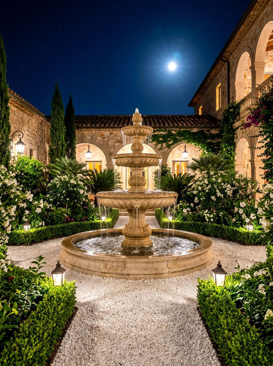 Tiered Fountain Courtyard - 30 moonlight patio garden ideas
