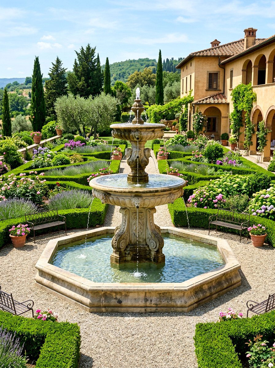 Tiered Fountain Feature - 30 Tuscan patio ideas