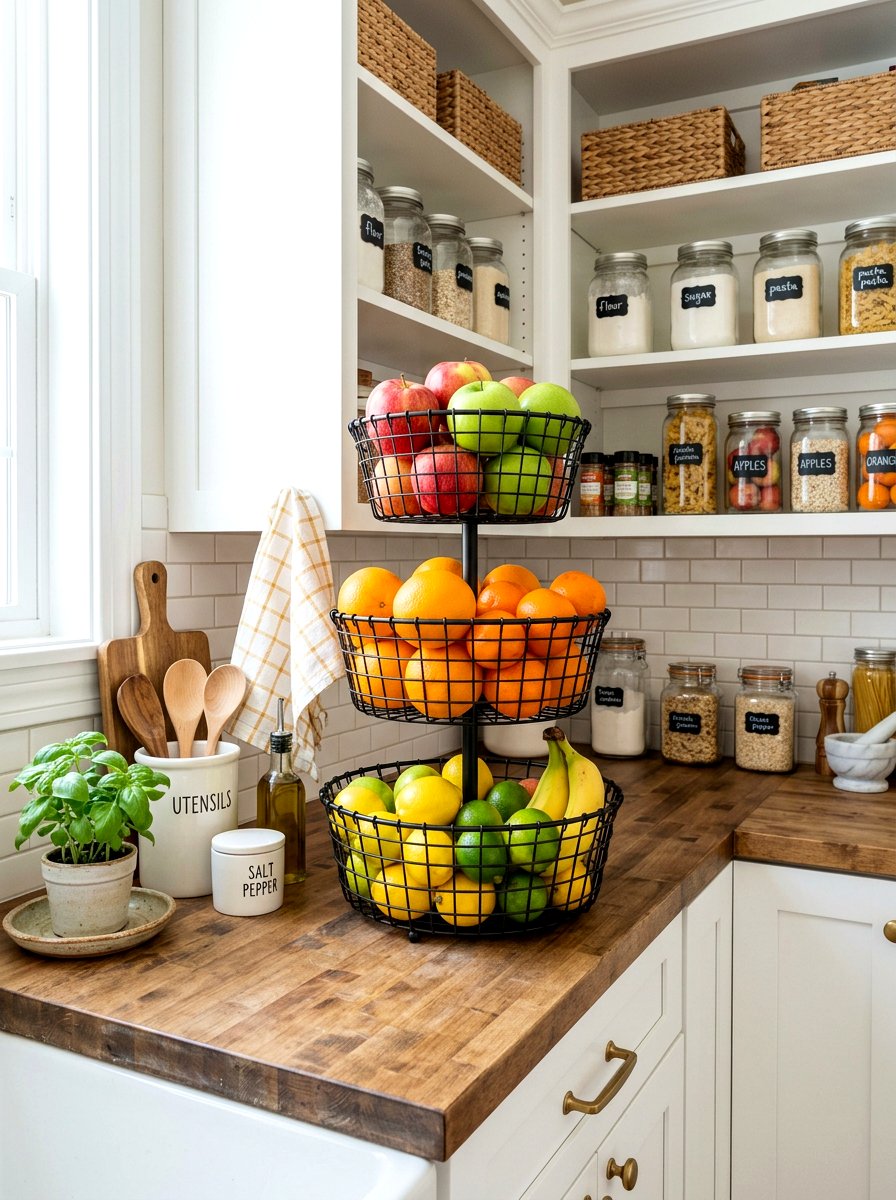 Tiered Fruit Baskets - 30 pantry basket organization ideas