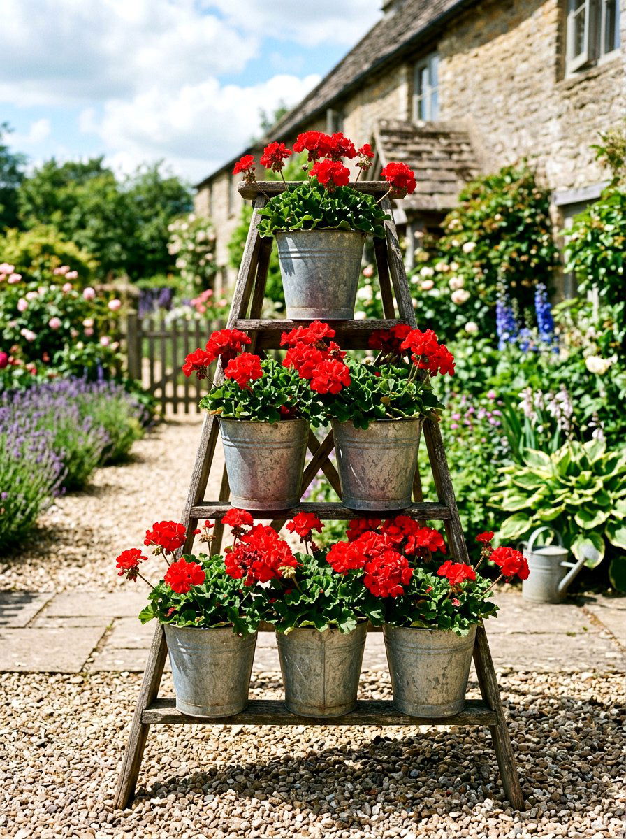 Tiered Galvanized Buckets - 30 vertical flower garden ideas