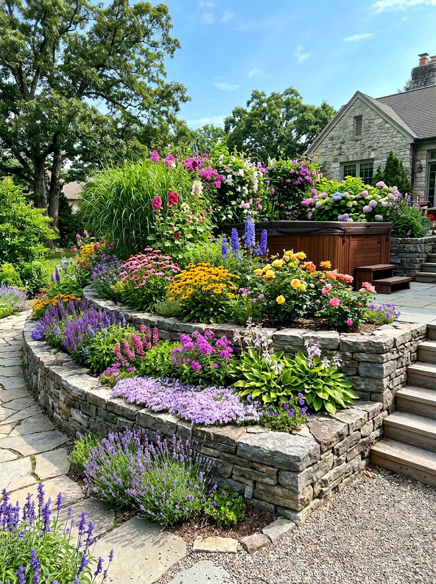 Tiered Garden Bed - 30 hot tub privacy ideas