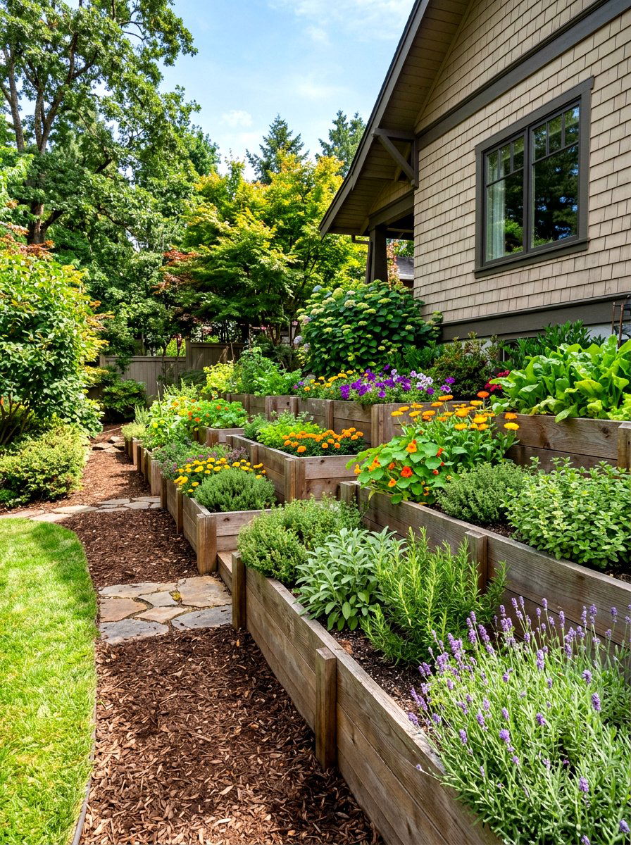 Tiered Garden Beds - 30 side yard privacy ideas