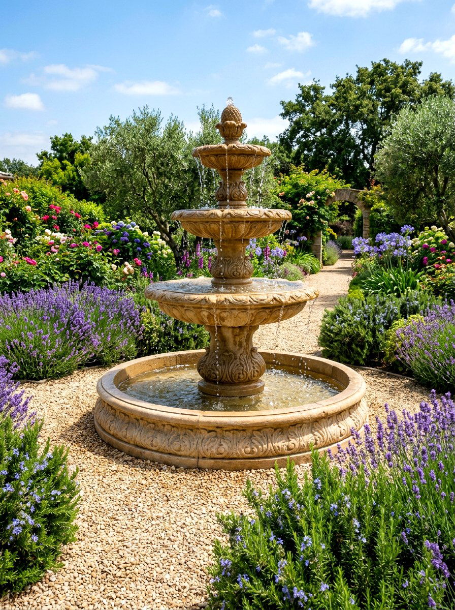 Tiered Garden Fountain - 30 Mediterranean house exterior ideas