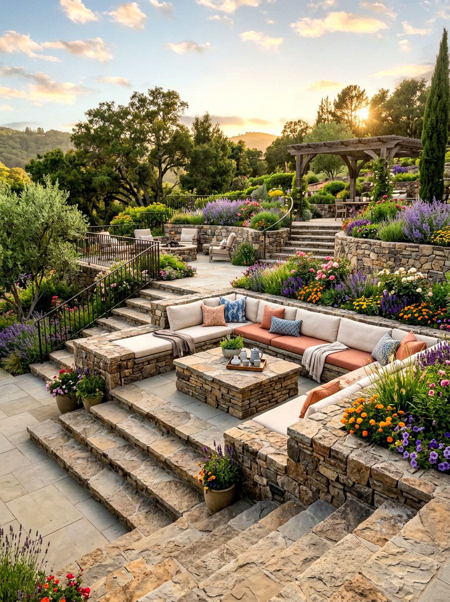 Tiered Garden Lounge Area - 30 backyard conversation pit ideas