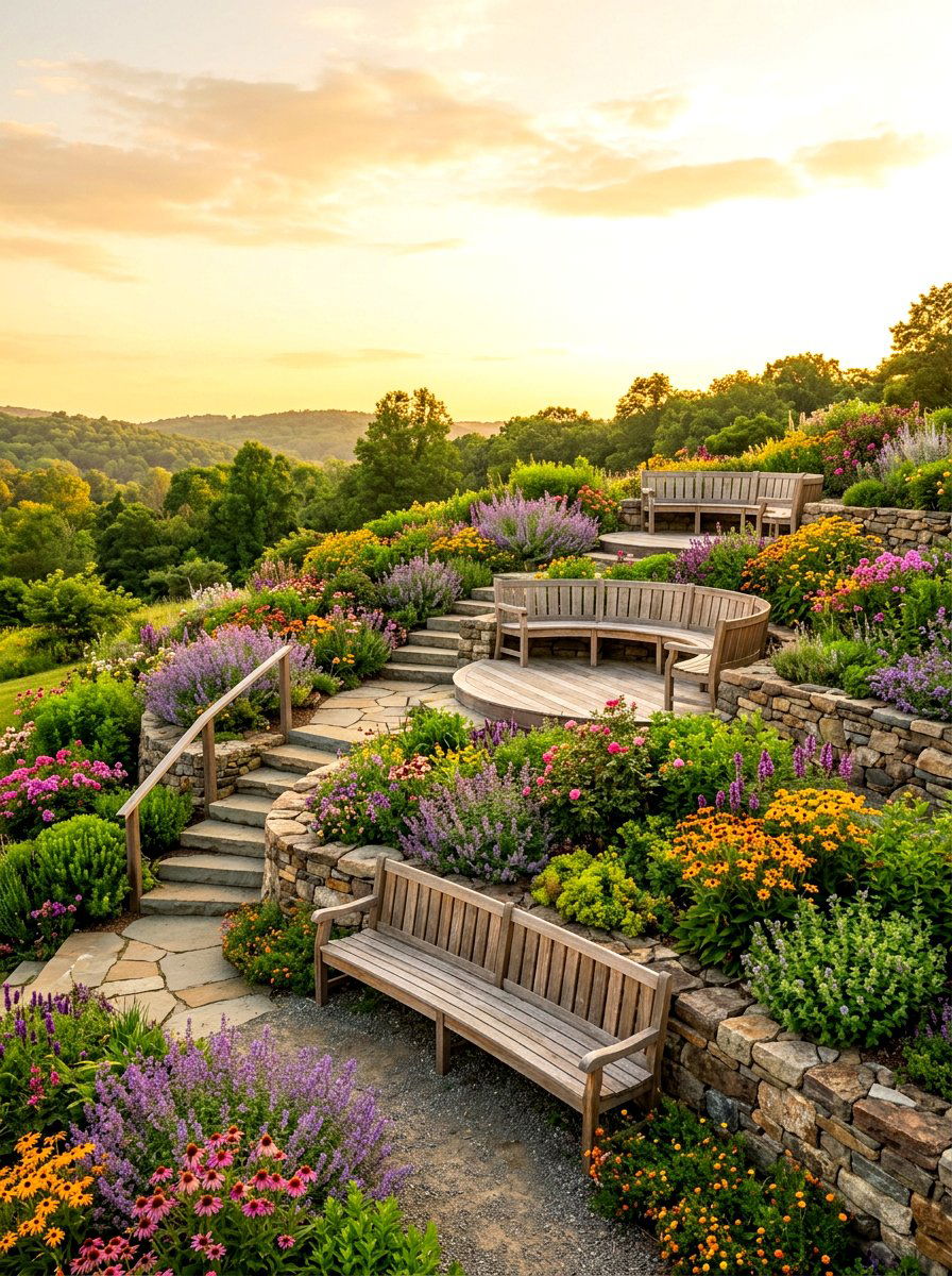 Tiered Garden Seating - 30 built in bench backyard ideas