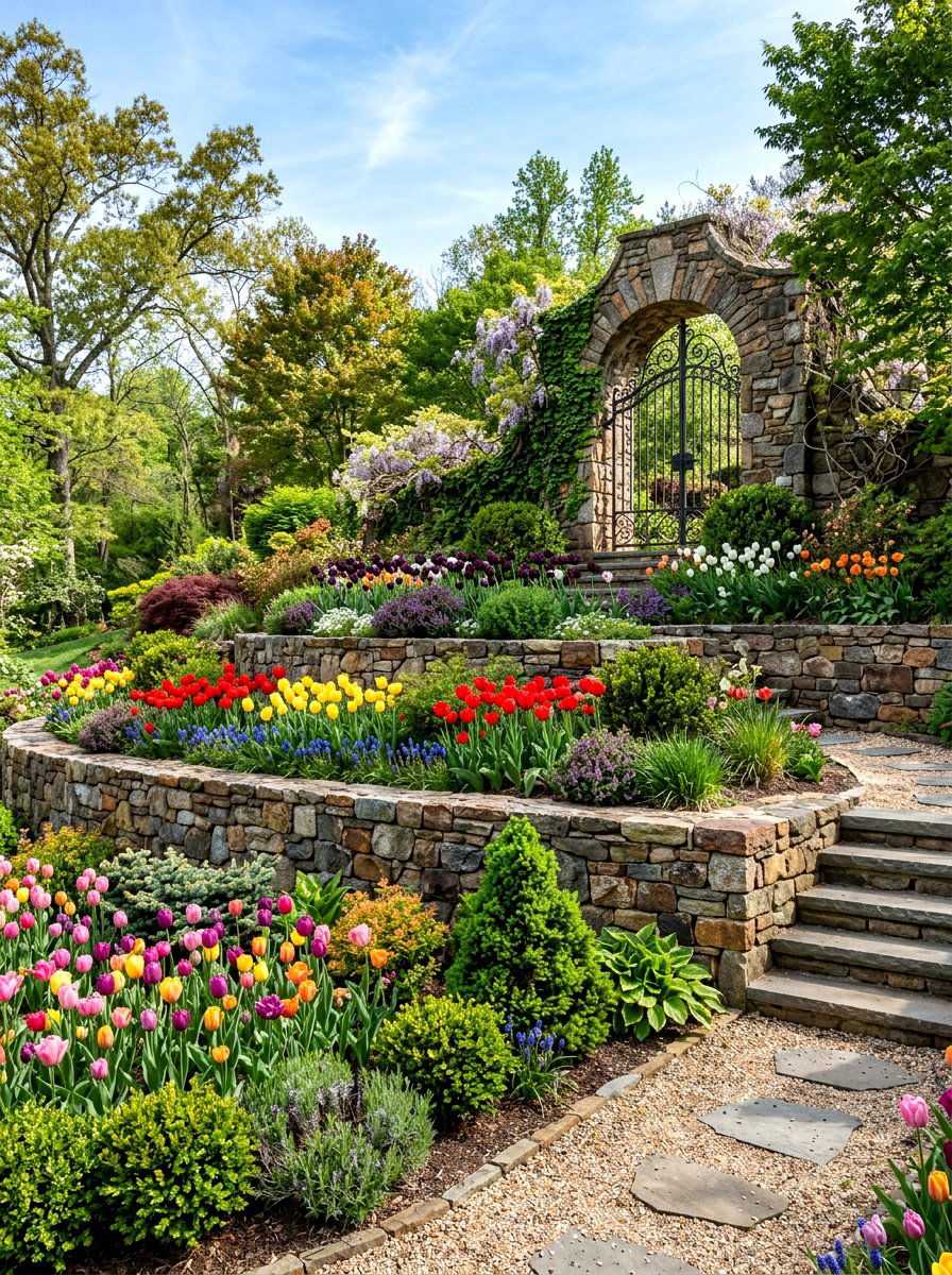 Tiered Gate Bed - 30 front gate flower bed ideas