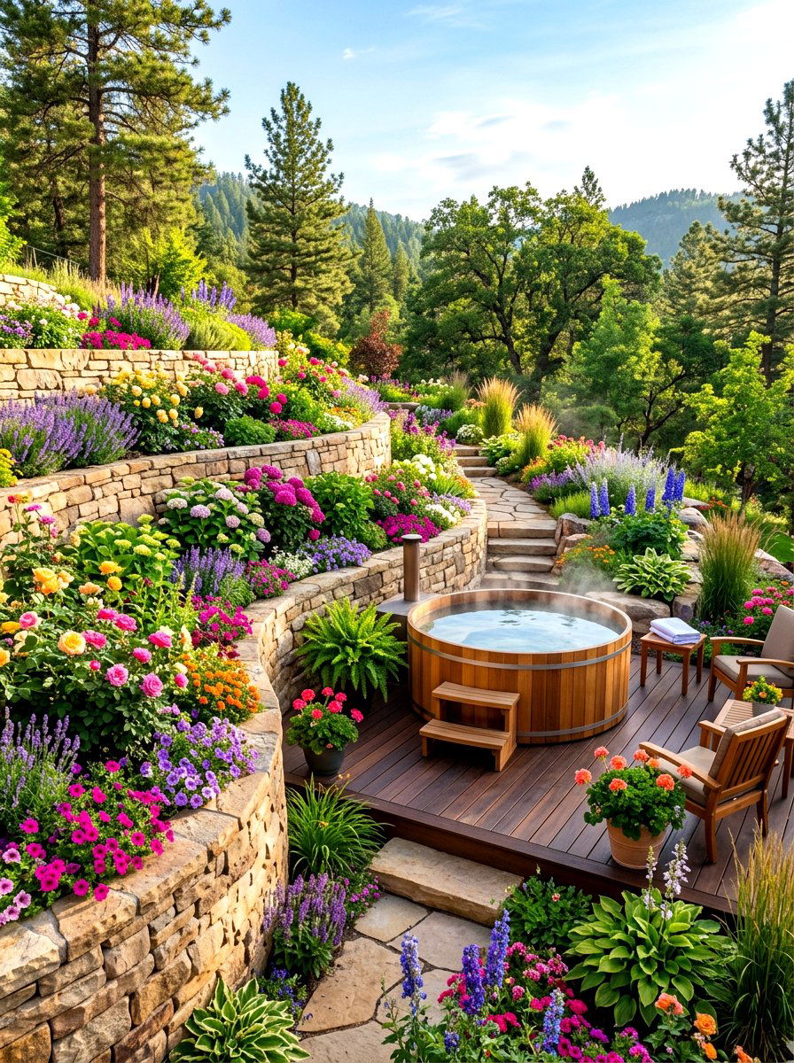 Tiered Hot Tub Garden - 30 hot tub deck ideas