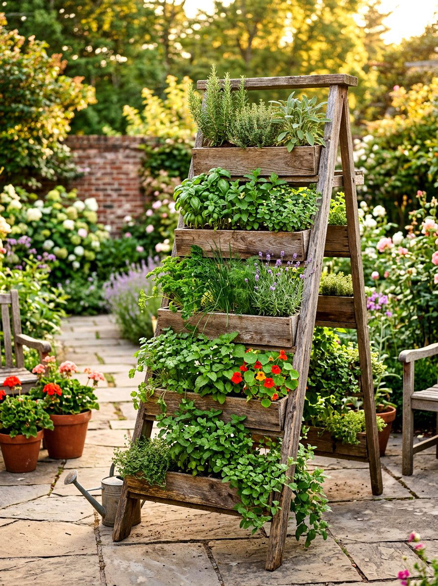 Tiered Ladder Herb Garden - 30 vertical herb garden ideas