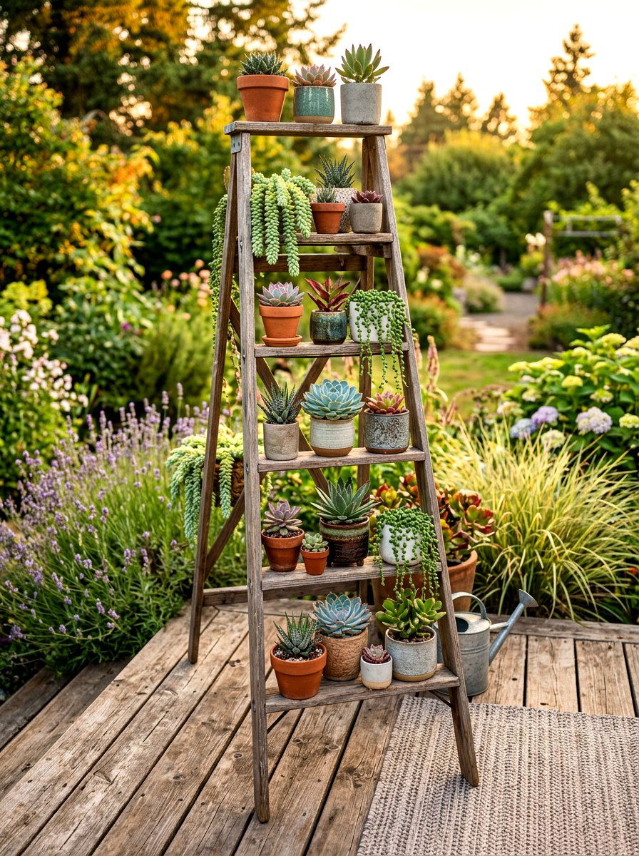 Tiered Ladder Succulent Shelf - 30 vertical succulent garden ideas