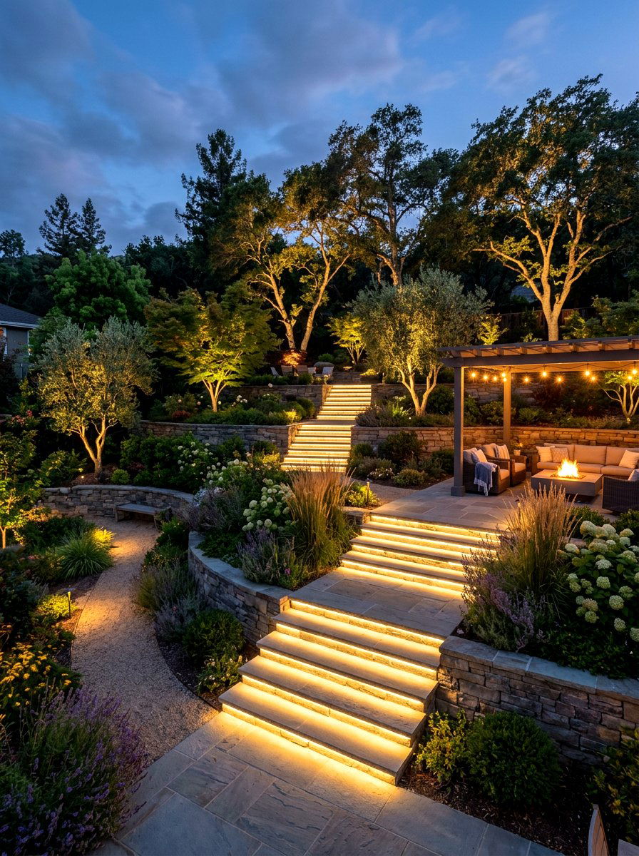 Tiered Lighting Design - 30 tiered backyard ideas