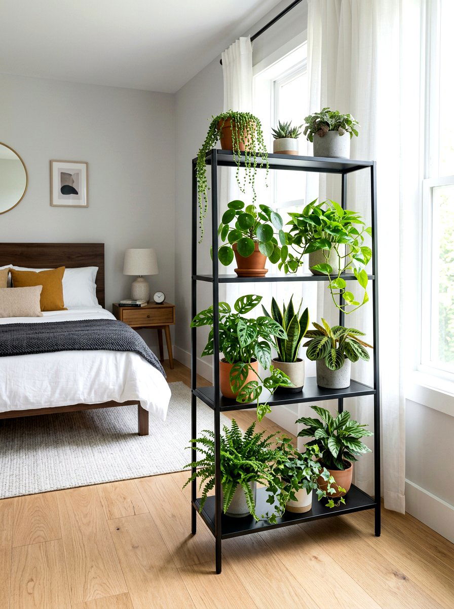 Tiered Metal Stand - 30 bedroom plant decor ideas