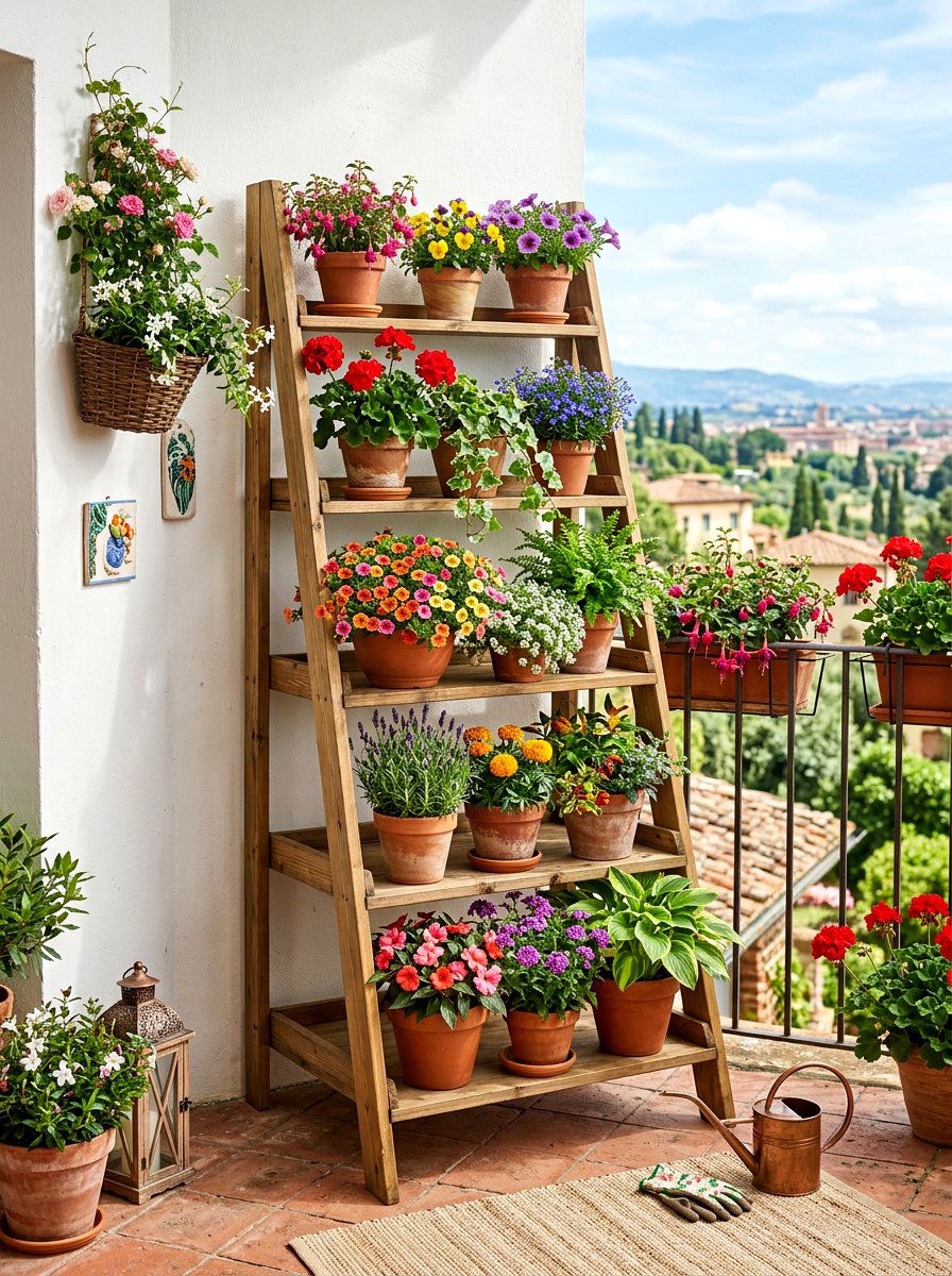Tiered Plant Display - 30 balcony container garden ideas