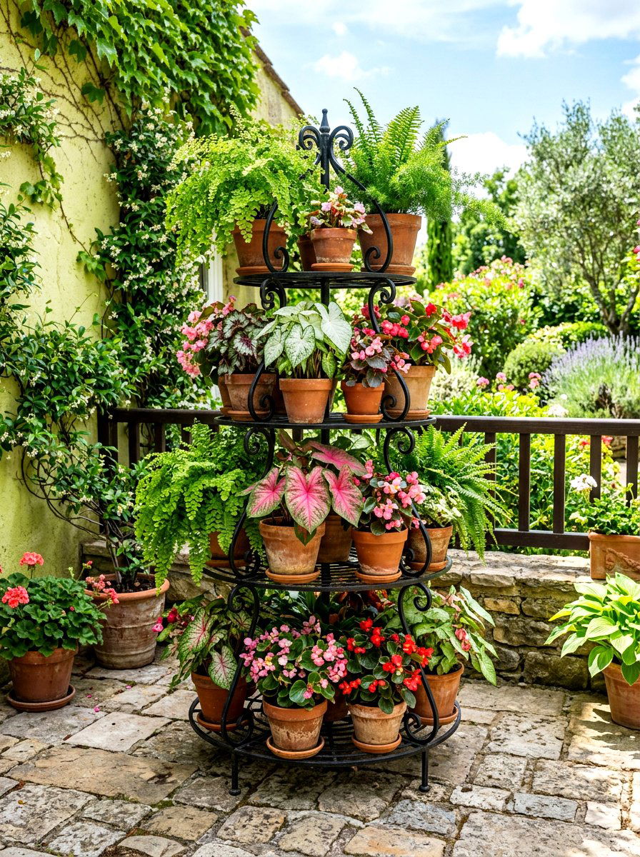 Tiered Plant Stand - 30 shady courtyard garden ideas