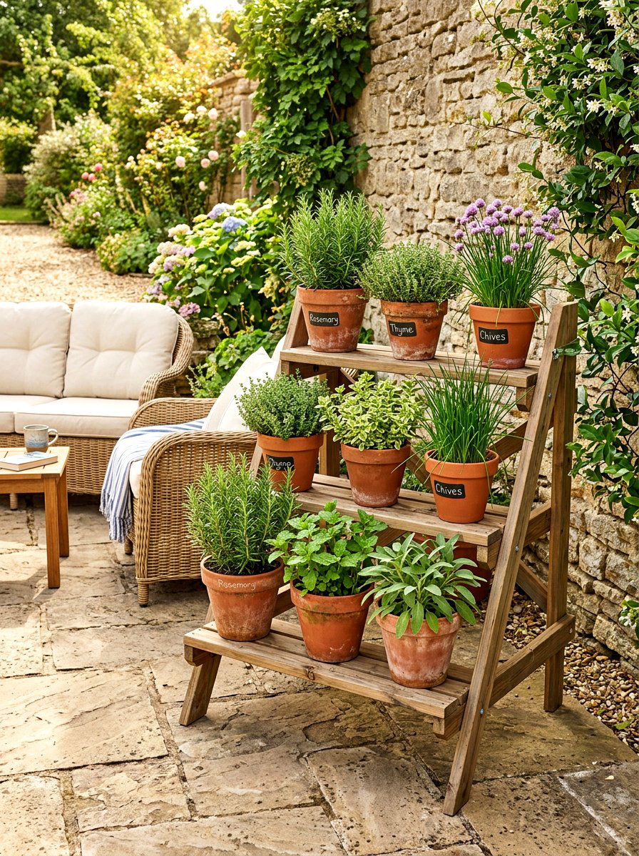 Tiered Plant Stand - 30 patio herb garden ideas