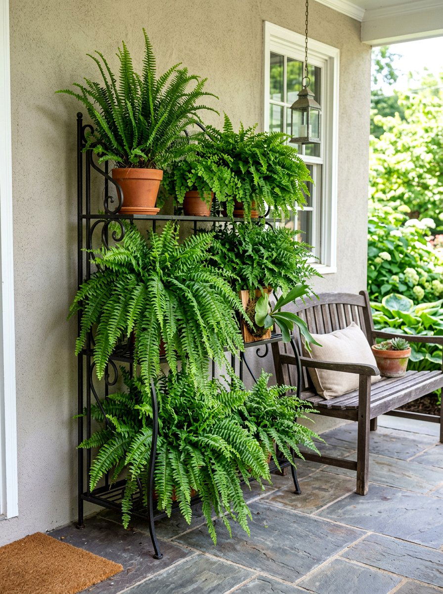 Tiered Plant Stand Ferns - 30 fern filled front porch ideas