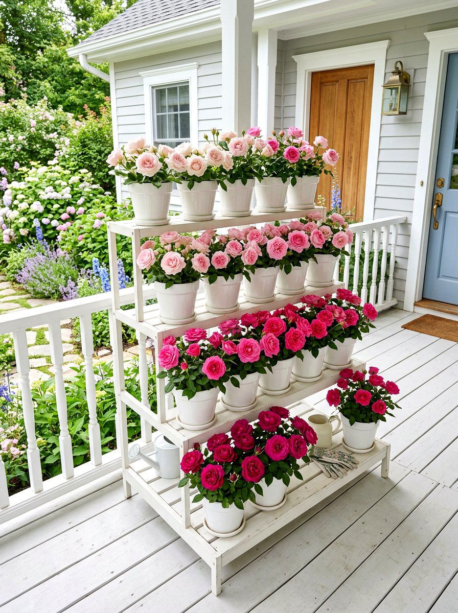 Tiered Porch Flower Stand - 30 porch rose planter ideas