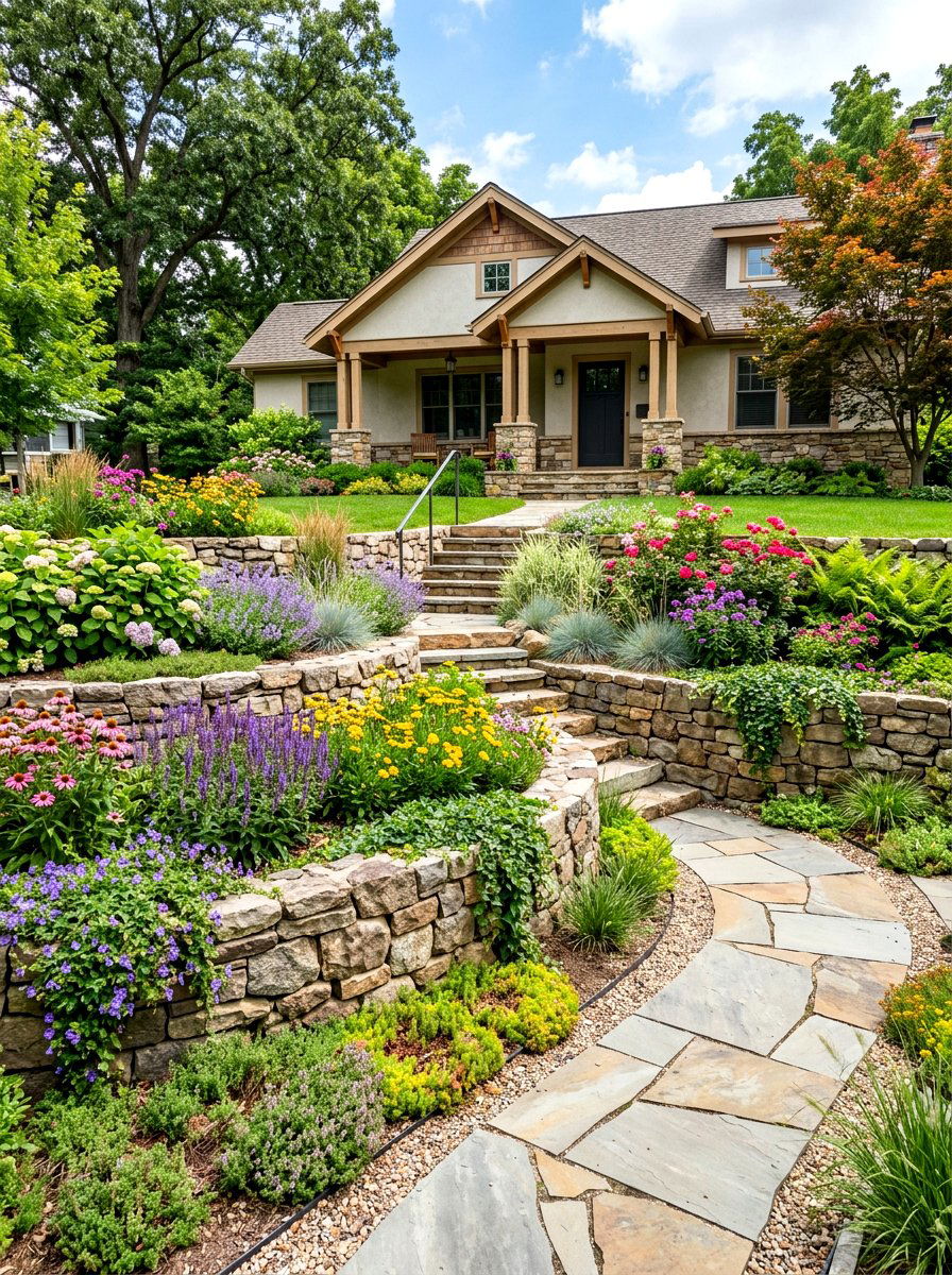 Tiered Retaining Wall Garden - 30 low water front yard ideas