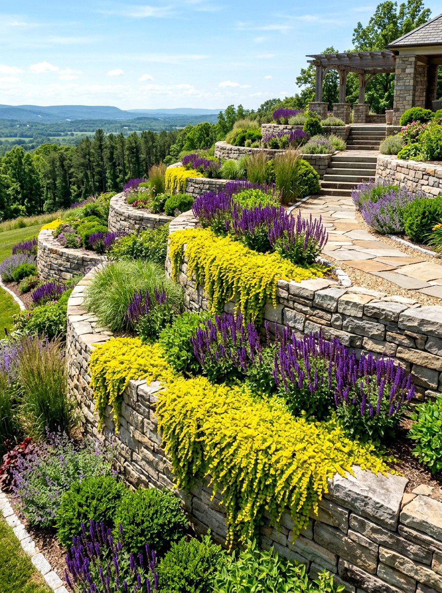 Tiered Retaining Wall Garden - 30 driveway island landscaping ideas
