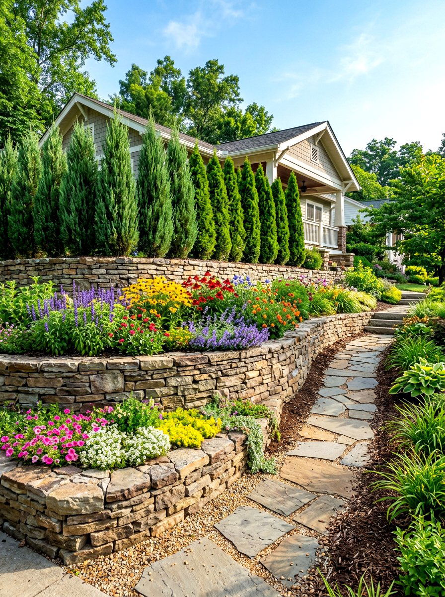Tiered Retaining Wall Planting - 30 layered hedge front yard ideas