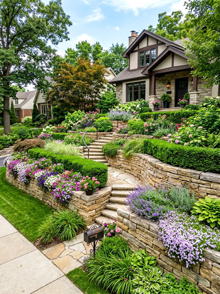 Tiered Retaining Wall - 30 asymmetrical front yard landscaping ideas