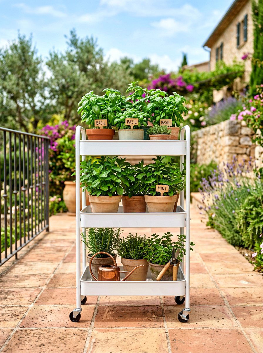 Tiered Rolling Herb Cart - 30 tiered herb planter ideas