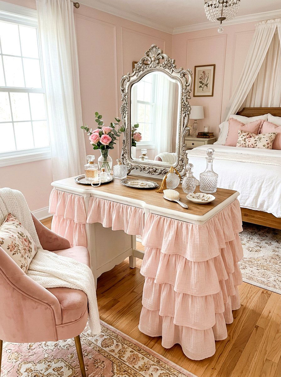 Tiered Ruffle Vanity Table - 30 skirted table ideas
