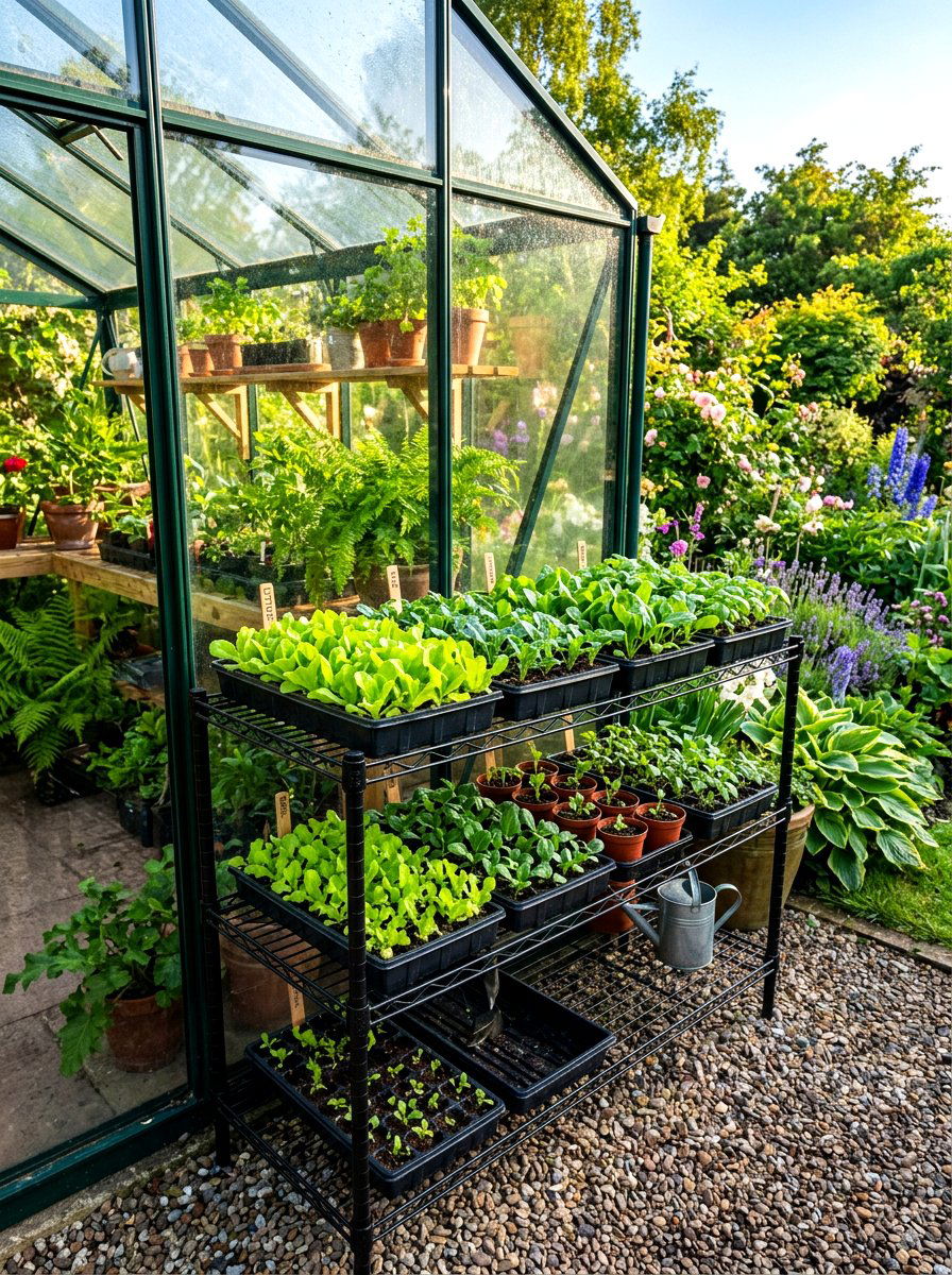 Tiered Seedling Staging - 30 greenhouse potting area ideas