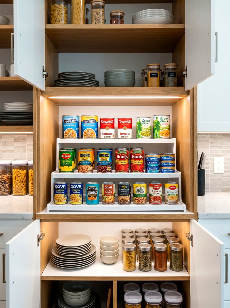 Tiered Shelf Riser - 30 can storage ideas