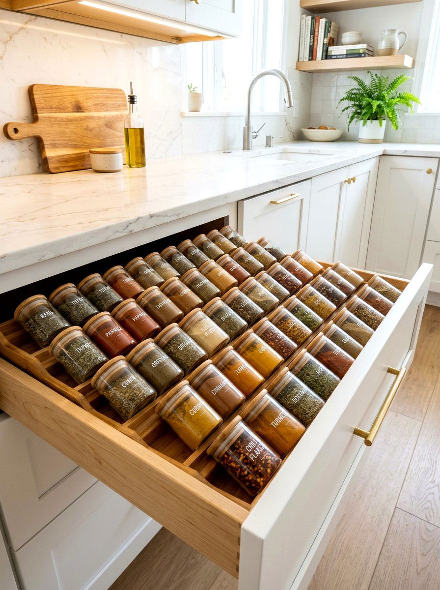 Tiered Spice Drawer Organization - 30 pastry corner kitchen ideas