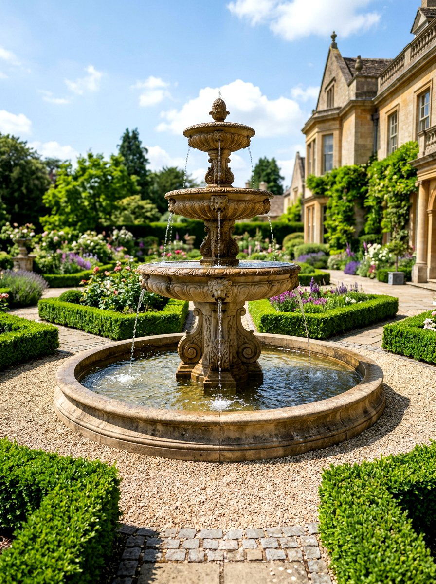 Tiered Stone Fountain - 30 outdoor courtyard fountain ideas