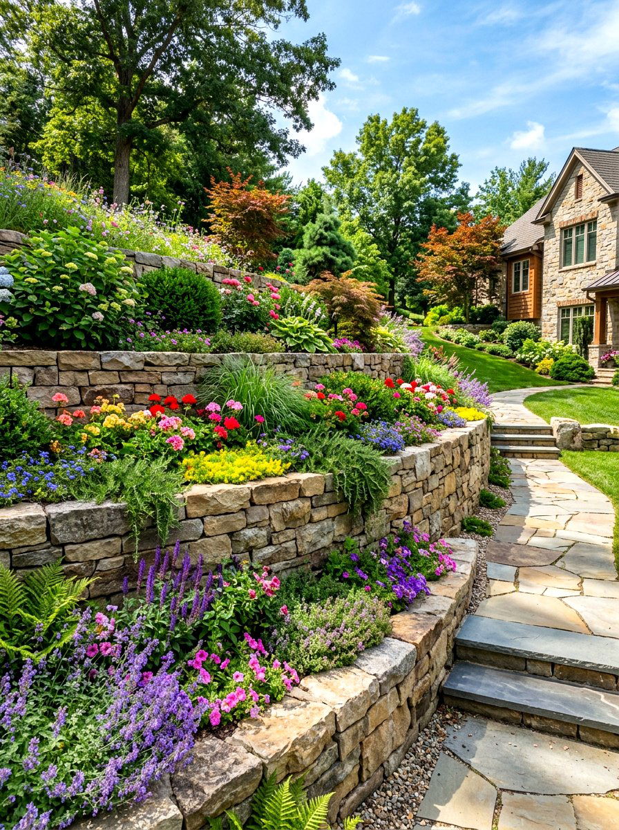 Tiered Stone Retaining Wall - 30 house side garden border ideas