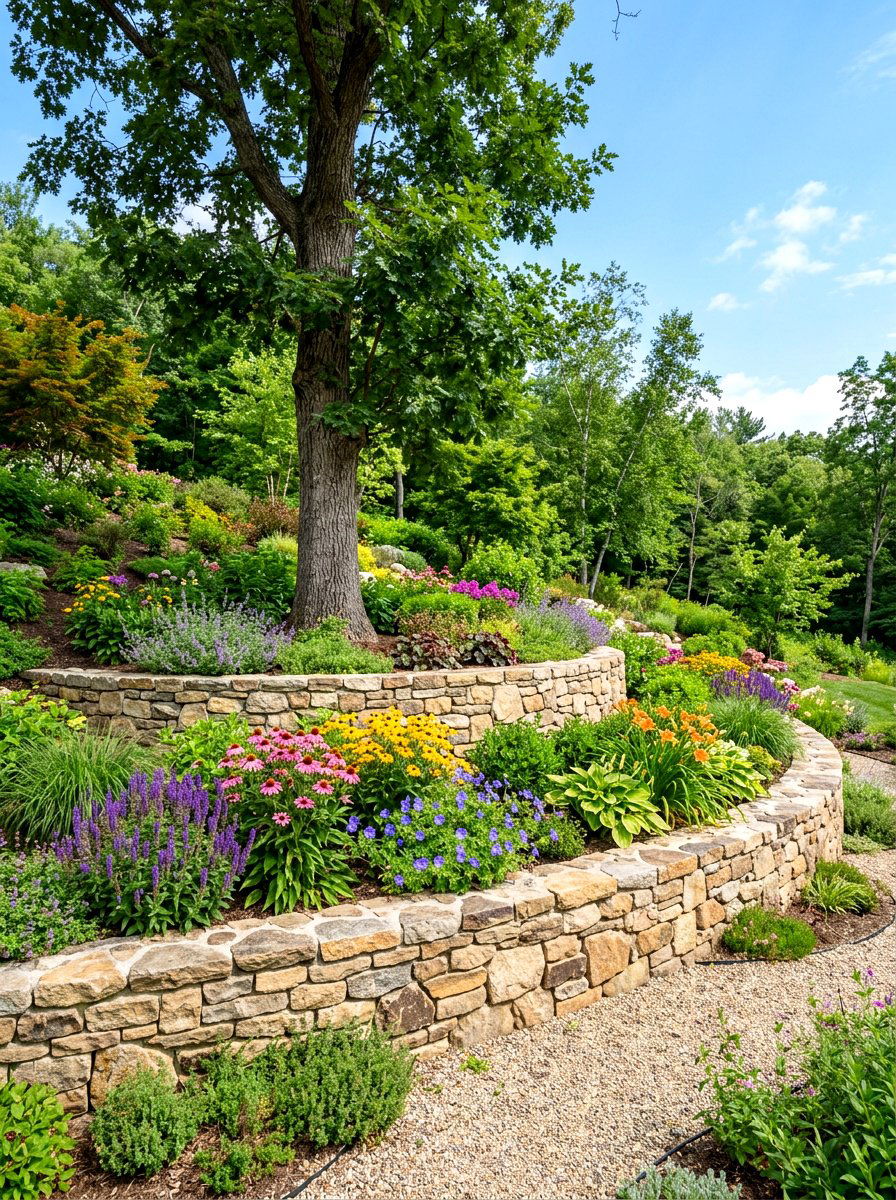 Tiered Stone Terrace - 30 tree border landscaping ideas