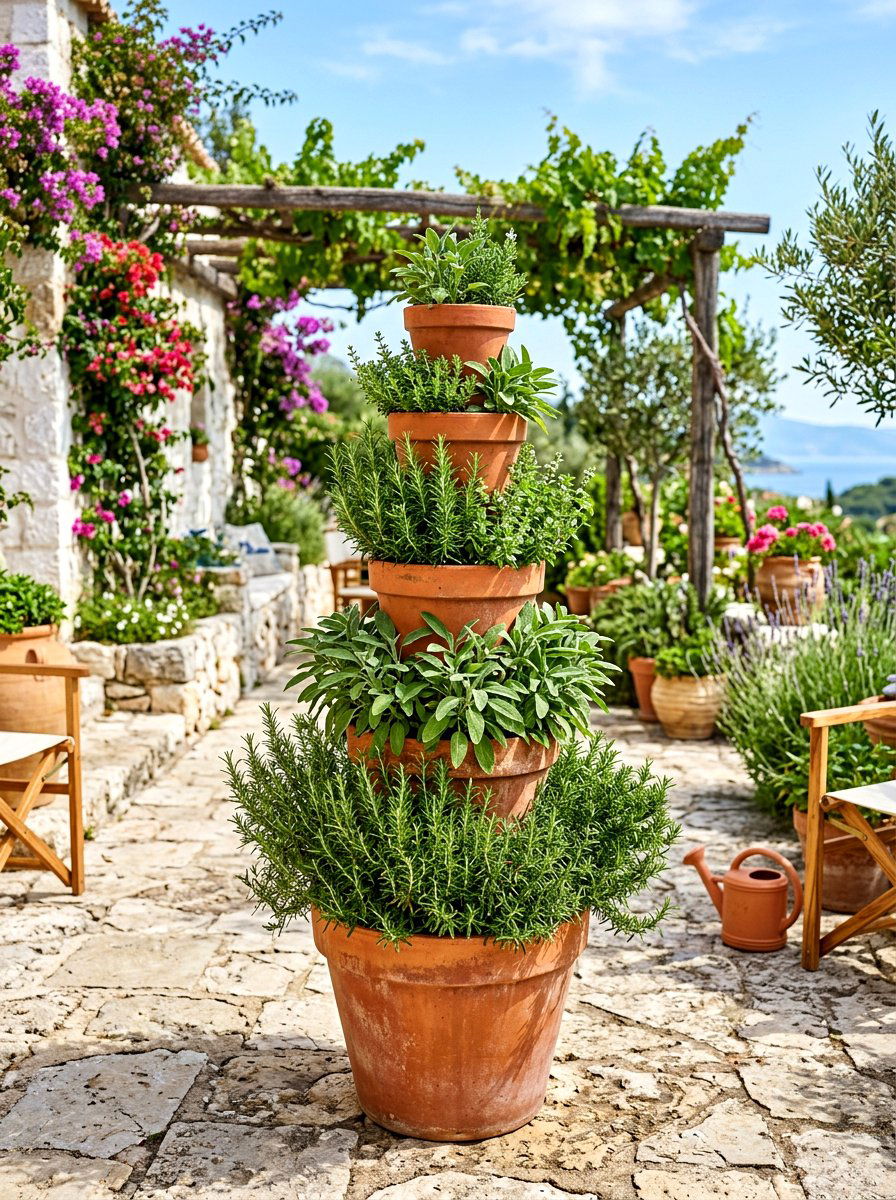 Tiered Terra Cotta Pot Tower - 30 small herb garden ideas