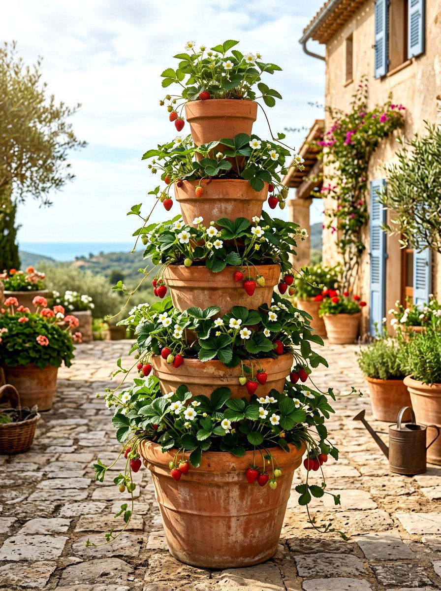 Tiered Terra Cotta Pot Tower - 30 strawberry tower ideas