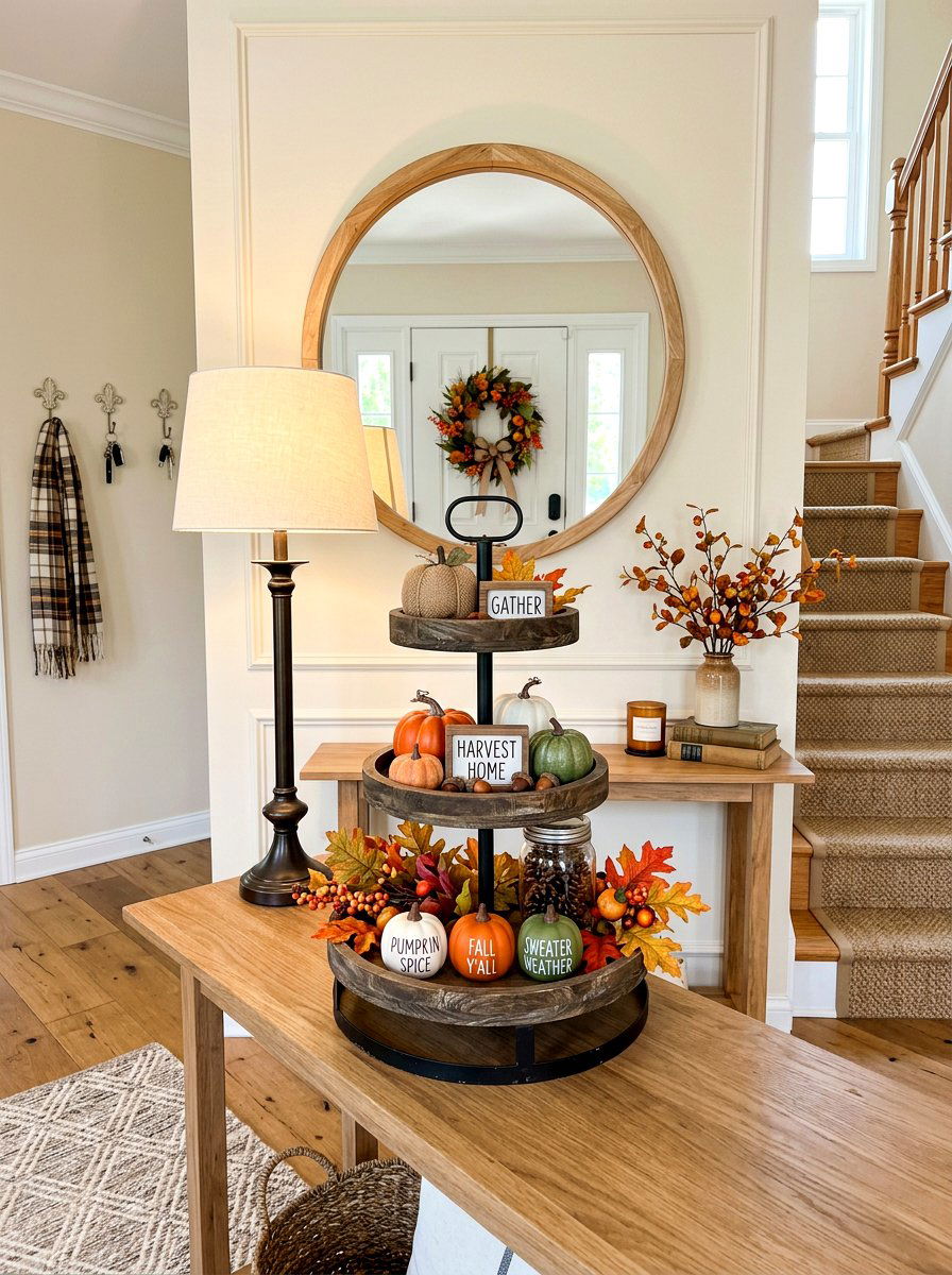 Tiered Tray Fall Foyer Decor - 30 Thanksgiving entry table ideas