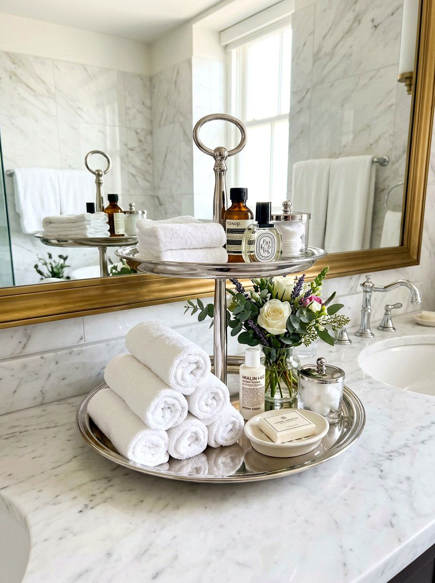 Tiered Tray Organizer - 30 towel storage ideas
