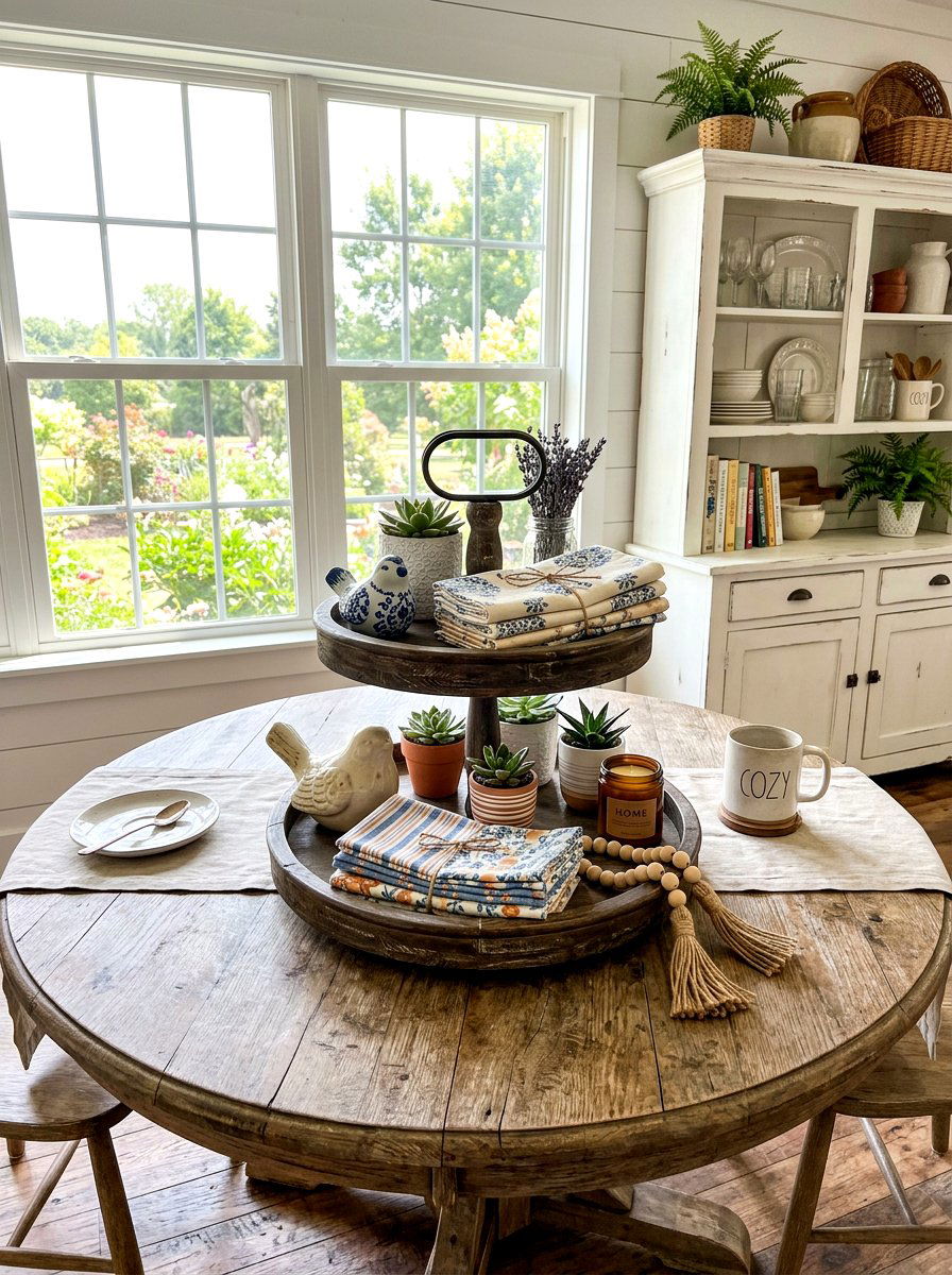 Tiered Tray Table Vignette - 30 farmhouse table decor ideas