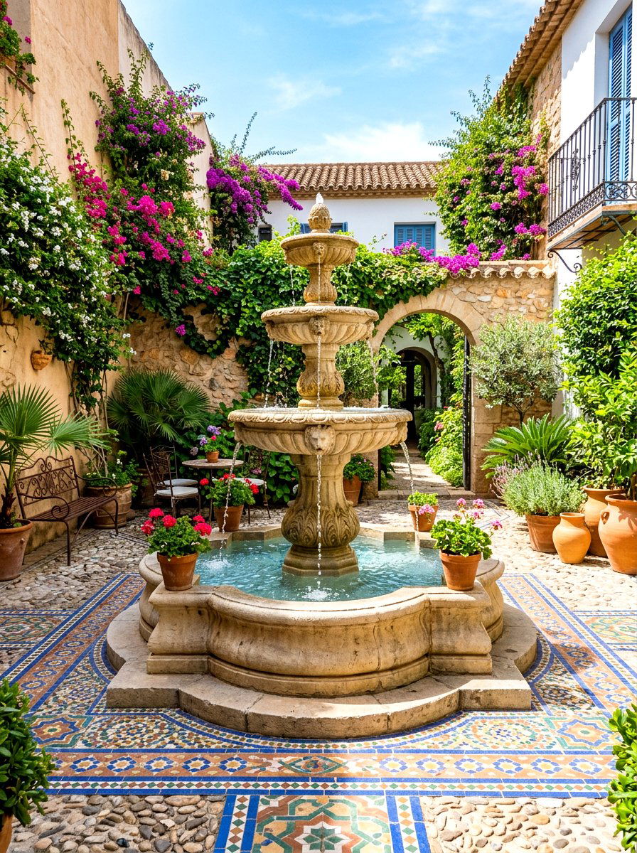 Tiered Water Fountain - 30 Mediterranean patio ideas