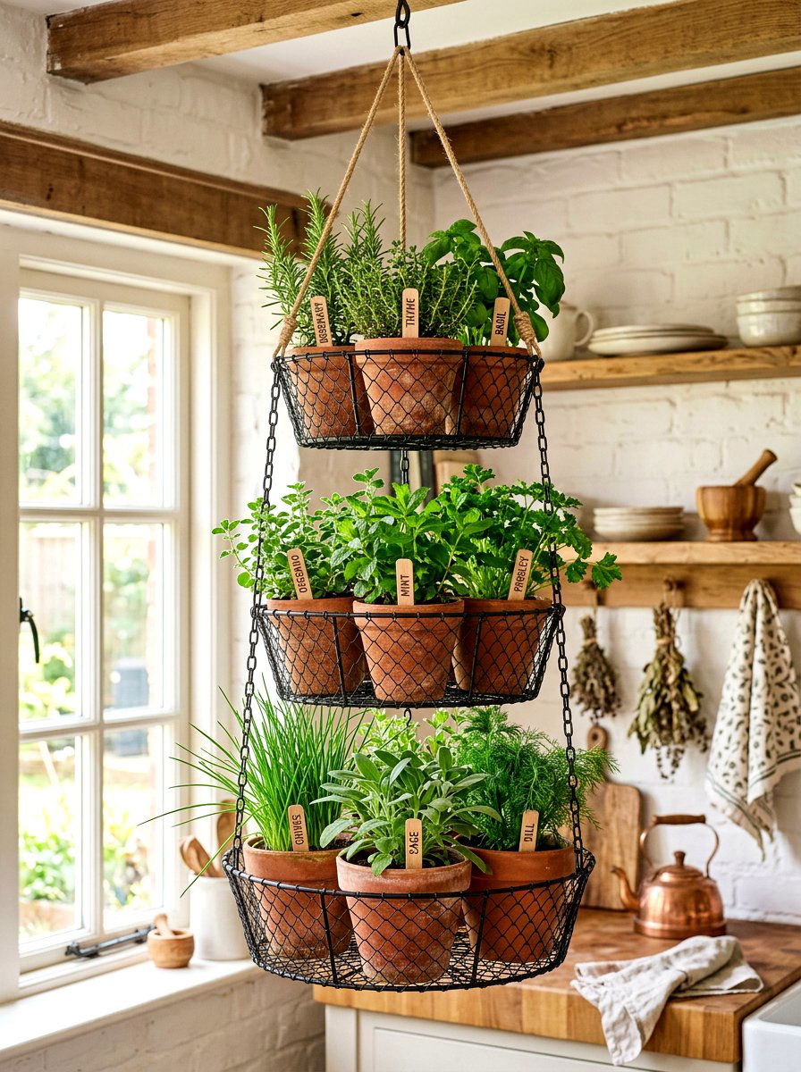 Tiered Wire Herb Basket - 30 hanging herb garden ideas